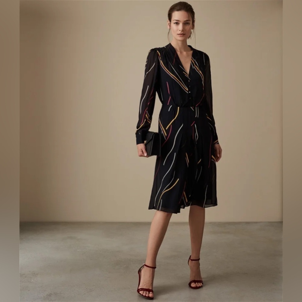 REISS Caralisa Printed Midi Dress Size 0 Black / print NWOT